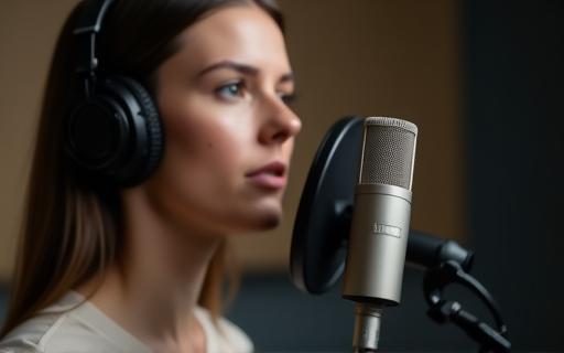 Person practicing speaking clearly into a microphone