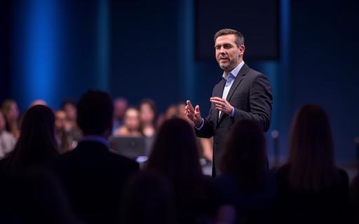 Person giving a dynamic presentation to an audience